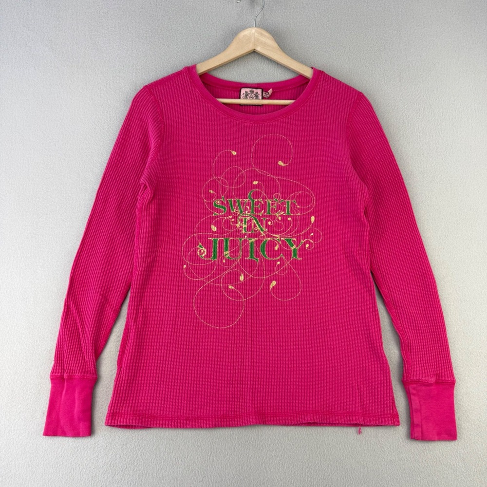 Juicy Couture Sweet In Juicy Top Women M Pink Thermal Waffle Knit Graphic Y2K